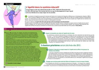 Depuis 1989, les écoles, les collèges, les lycées et les établissements
d’enseignement supérieur contribuent à favoriser la mixité et l’égalité
entre les hommes et les femmes, notamment en matière d’orientation.
Ils assurent une formation à la connaissance et au respect des droits de
la personne ainsi qu’à la compréhension des situations concrètes qui y
portent atteinte. […]
C’est bien la mission du système éducatif de faire réussir chacun et
chacune, fille ou garçon, de la maternelle à l’enseignement supérieur.
Cette réussite implique que les valeurs humanistes d’égalité et de respect
entre les femmes et les hommes, les filles et les garçons,
soient transmises et comprises dès le plus jeune âge. […]
“
”
“Les stéréotypes constituent des barrières à la réalisation des choix individuels tant des femmes que des
hommes. […] Il est donc nécessaire d’engager une réflexion avec les éditeurs pour éviter les stéréotypes
sexistes dans les manuels et ouvrages scolaires et favoriser la sensibilisation à la culture de l’égalité
entre les femmes et les hommes, de donner aux élèves et aux étudiants les outils nécessaires pour
mieux appréhender le traitement du genre dans les médias : mettre en place des actions de décryptage
des représentations stéréotypées des femmes et des hommes dans les médias, jeux vidéo, clips
musicaux, en y associant le Clemi.”
Alors que le taux d’accès au baccalauréat des filles est largement
supérieur à celui des garçons (76,6 % pour les filles contre 66,8 %
pour les garçons) elles ne représentent que 43,5 % des élèves inscrits en
première année des classes préparatoires aux grandes écoles. Lutter contre
cette situation, c’est aussi créer les conditions pour permettre à notre système
éducatif d’assurer la réussite de chacun dans la vie sociale et professionnelle.
[…] Préjugés et stéréotypes sexistes, ancrés dans l’inconscient collectif, sont
la source directe de discriminations et, à ce titre, doivent être combattus dès
le plus jeune âge. Ainsi, la mixité acquise en droit et ancrée dans la pratique
demeure une condition nécessaire mais non suffisante à une égalité réelle
entre filles et garçons et plus tard entre femmes et hommes. Elle doit être
accompagnée d’une action volontariste des pouvoirs publics, de l’ensemble
des acteurs de la communauté éducative et des partenaires de l’école.
“Il est donc nécessaire d’inscrire l’égalité entre les filles et les garçons dans le règlement intérieur
des établissements ; d’encourager le développement de la thématique de l’égalité filles-garçons
dans les comités d’éducation à la santé et à la citoyenneté (CESC) dans tous les établissements
scolaires, en réseau avec les écoles ; de favoriser l’information et la formation des personnels […] ;
de prendre appui sur une éducation à la sexualité effective pour développer l’égalité entre les sexes
et l’accès à la contraception.”
“Il est nécessaire de renforcer la connaissance des parcours d’études […] et d’assurer leur visibilité
[…] ; de veiller à exclure tout stéréotype sexiste dans l’information délivrée sur les métiers et les filières
de formation ; de promouvoir la mixité dans les parcours de formation et les secteurs professionnels.”
Acquérir et transmettre une culture de l’égalité entre les sexes.
Renforcer l’éducation au respect mutuel et à l’égalité entre les filles et les garçons, les
femmes et les hommes.
S’engager pour une plus grande mixité des filières de formation et à tous les niveaux d’études.
Convention interministérielle pour l’égalité, extraits choisis
3 chantiers prioritaires seront déclinés dès 2013 :
La promotion de l’égalité des sexes et de l’autonomie des femmes est le troisième des 8 objectifs du Millénaire pour le développement, adoptés en 2000 au
cours du sommet du Millénaire de l’ONU, et repris à la conférence de Johannesburg de 2002. Dans les défis de la stratégie nationale du développement
durable : « le renforcement de la lutte contre les discriminations et la promotion de la diversité, dont le pacte européen pour l’égalité entre les hommes et les
femmes » figure parmi les leviers d’action pour accéder à un développement soutenable.
L’égalité dans le système éducatif
Les principes au cœur de la déclaration de Rio en 1992, réaffirmés 20 ans plus tard 
en 2012, affirment que l’être humain doit être au cœur du développement et que l’équité
entre les individus est un enjeu majeur de nos sociétés.
Pour agir en cohérence, il s’agit de lutter dès le plus jeune âge contre les stéréotypes et les discriminations.
Comment acquérir et transmettre une culture de l’égalité entre les sexes ? Comment renforcer l’éducation au respect mutuel et à l’égalité entre les sexes ?
Comment s’engager pour une mixité plus forte dans toutes les filières de formation et à tous les niveaux d’études ? Une convention interministérielle pour
l’égalité entre les filles et les garçons, les femmes et les hommes dans le système éducatif (2013-2018) vient d’être publiée le 7 février 2013. ■
Dossier
Consultez le texte intégral
2 Graines de Citoyens n° 30 - Printemps 2013
Dossier - Initiatives - Ressources EDD - Brèves
 