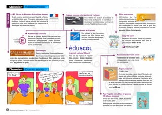 Les p’tits égaux
Répertoire d’activités visant la promotion
de conduites non sexistes entre filles et
garçons pour les 5 à 10 ans.
Le site du Ministère du droit des femmes
Ce site recense les initiatives pour l’égalité à l’école,
en collaboration avec l’Éducation nationale et des
étudiants. L’objectif est de valoriser les initiatives à
travers un guide pour capitaliser les ressources et
développer les réseaux d’acteurs.
Académie de Toulouse
Site de la mission égalité filles-garçons pour
promouvoir l’égalité dans le système éducatif :
ressources pédagogiques, pistes d’actions,
études et données statistiques et information
sur les partenariats.
Le portail national Eduscol
Tout sur les enjeux de l’égalité
filles-garçons : textes réglemen-
taires, convention interministé-
rielle, ressources académiques…
Sur le chemin de la mixité
Des métiers et des formations
ouverts aux filles comme aux
garçons. Portraits, témoignages,
vidéos et ressources web.
À quoi joues-tu ?
CEMEA, 2009
Ce projet européen a pour objectif de mettre en
place des actions ciblées destinées à sensibi-
liser les différents acteurs de l’éducation à la
présence de stéréotypes sexistes dans leur vie
et leurs pratiques. Le site propose des cahiers pédagogiques
pour aborder la construction de l’identité sociale et sexuée
avec les 3-6 ans.
Exæquo, nouveau club paritaire à Toulouse
Pour fédérer les acteurs et actrices de
l’économie toulousaine et contribuer à
développer les initiatives qui vont dans le
sens de l’égalité professionnelle.
Association Genre en action
Présentation de nouveaux outils
pédagogiques pour une éduca-
tion non sexiste.
Elles en sciences
Informations sur les
métiers scientifiques, té-
moignages, annuaire de
contact. Nombreuses ressources pour déconstruire
les stéréotypes et donner aux filles le goût des
sciences. Plusieurs entrées proposées sur ce site :
parents, élèves et enseignants.
Genrimages
Centre audiovisuel Simone de Beauvoir
Des ressources pédagogiques pour lutter
contre les représentations sexuées dans l’audiovisuel : films, exercices, outils
en ligne et pistes d’activités autour des stéréotypes et des relations garçons-
filles. Du primaire au lycée.
Téléchargez le pdf !
Pour l’égalité entre filles et garçons
100 albums jeunesse
Atelier des Merveilles, CRDP, Académie
de Grenoble, 2012
Bibliographie sélective de documentaires
jeunesse pour une éducation non sexiste.
Dossier Ressources
Dossier Comic strip
7 Graines de Citoyens n° 30 - Printemps 2013
Surinternet Dossier - Initiatives - Ressources EDD - Brèves
 