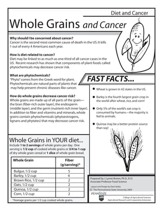Diet and Cancer

Whole Grains and Cancer
Why should I be concerned about cancer?
Cancer is the second most common cause of death in the US. It kills
1 out of every 4 Americans each year.

How is diet related to cancer?
Diet may be linked to as much as one-third of all cancer cases in the
US. Recent research has shown that components of plant foods called
phytochemicals may decrease cancer risk.

What are phytochemicals?
“Phyto” comes from the Greek word for plant.
Phytochemicals are natural parts of plants that
                                                             FAST FACTS...
 may help prevent chronic diseases like cancer.                     Wheat is grown in 42 states in the US.

How do whole grains decrease cancer risk?                           Barley is the fourth largest grain crop in
Whole grains are made up of all parts of the grain—                 the world after wheat, rice, and corn!
the bran (fiber-rich outer layer), the endosperm
(middle layer), and the germ (nutrient-rich inner layer).           Only 5% of the world’s oat crop is
In addition to fiber and vitamins and minerals, whole               consumed by humans—the majority is
grains contain phytochemicals (phytoestrogens,                      fed to animals.
lignans and phytates) that may decrease cancer risk.
                                                                    Quinoa may be a better protein source
                                                                    than soy!



Whole Grains in YOUR diet...
Include 1 to 2 servings of whole grains per day. One
serving is 1/2 cup of cooked whole grains or 3/4 to 1 cup
of dry whole grain cereal or 1 slice of whole grain bread.

  Whole Grain                             Fiber
                                       (g/serving)*
   Bulgur, 1/2 cup                           5
   Barley, 1/2 cup                           4
                                                             Prepared by J. Lynne Brown, Ph.D., R. D.
   Brown Rice, 1/2 cup                       2               Associate Professor Food Science
   Oats, 1/2 cup                             2                Layout and Design by Dave Varley
   Quinoa, 1/2 cup                           2               c The Pennsylvania State University 2004
   Corn, 1/2 cup                             2
                                                                                                 College of Agricultural Sciences
  *Average grams per 1/2 cup cooked whole grains.                               Agricultural Research and Cooperative Extension
 