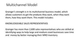 Multichannel Model
Grainger’s strength is in its multichannel business model, which
allows customers to get the products they want, when they want
them, how they want them. This model includes:
KNOWLEDGEABLE SALES REPRESENTATIVES
Grainger has more than 2,600 sales representatives who are skilled at
identifying ways to help large and medium-sized businesses save time
and money by better managing their MRO inventory.
 