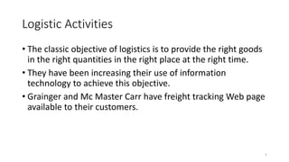 5
Logistic Activities
• The classic objective of logistics is to provide the right goods
in the right quantities in the right place at the right time.
• They have been increasing their use of information
technology to achieve this objective.
• Grainger and Mc Master Carr have freight tracking Web page
available to their customers.
 