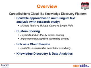 Overview
CareerBuilder’s Cloud-like Knowledge Discovery Platform
   • Scalable approaches to multi-lingual text
     analysis (with research study)
       Multiple fields vs Multiple Cores vs Single Field

   • Custom Scoring
       Payloads and on-the-fly bucket scoring
       Implementing a keyword spamming penalty

   • Solr as a Cloud Service
       Scalable, customizable search for everybody

   • Knowledge Discovery & Data Analytics
 