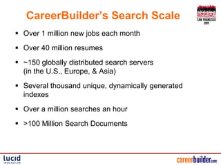 CareerBuilder’s Search Scale
 Over 1 million new jobs each month
 Over 40 million resumes
 ~150 globally distributed search servers
  (in the U.S., Europe, & Asia)
 Several thousand unique, dynamically generated
  indexes
 Over a million searches an hour
 >100 Million Search Documents
 