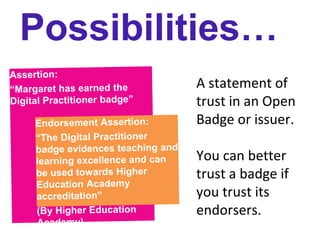 Possibilities…
A statement of
trust in an Open
Badge or issuer.
You can better
trust a badge if
you trust its
endorsers.
 