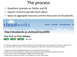 The process
• Questions, prompts on Twitter and FB
• Experts invited to provide short videos
• Space to aggregate resources and for discussion on Cloudworks




http://cloudworks.ac.uk/cloud/view/6391
 
