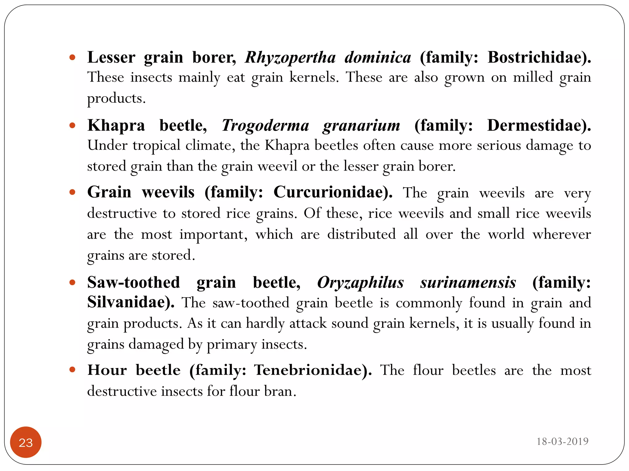  Lesser grain borer, Rhyzopertha dominica (family: Bostrichidae).
These insects mainly eat grain kernels. These are also grown on milled grain
products.
 Khapra beetle, Trogoderma granarium (family: Dermestidae).
Under tropical climate, the Khapra beetles often cause more serious damage to
stored grain than the grain weevil or the lesser grain borer.
 Grain weevils (family: Curcurionidae). The grain weevils are very
destructive to stored rice grains. Of these, rice weevils and small rice weevils
are the most important, which are distributed all over the world wherever
grains are stored.
 Saw-toothed grain beetle, Oryzaphilus surinamensis (family:
Silvanidae). The saw-toothed grain beetle is commonly found in grain and
grain products. As it can hardly attack sound grain kernels, it is usually found in
grains damaged by primary insects.
 Hour beetle (family: Tenebrionidae). The flour beetles are the most
destructive insects for flour bran.
18-03-201923
 