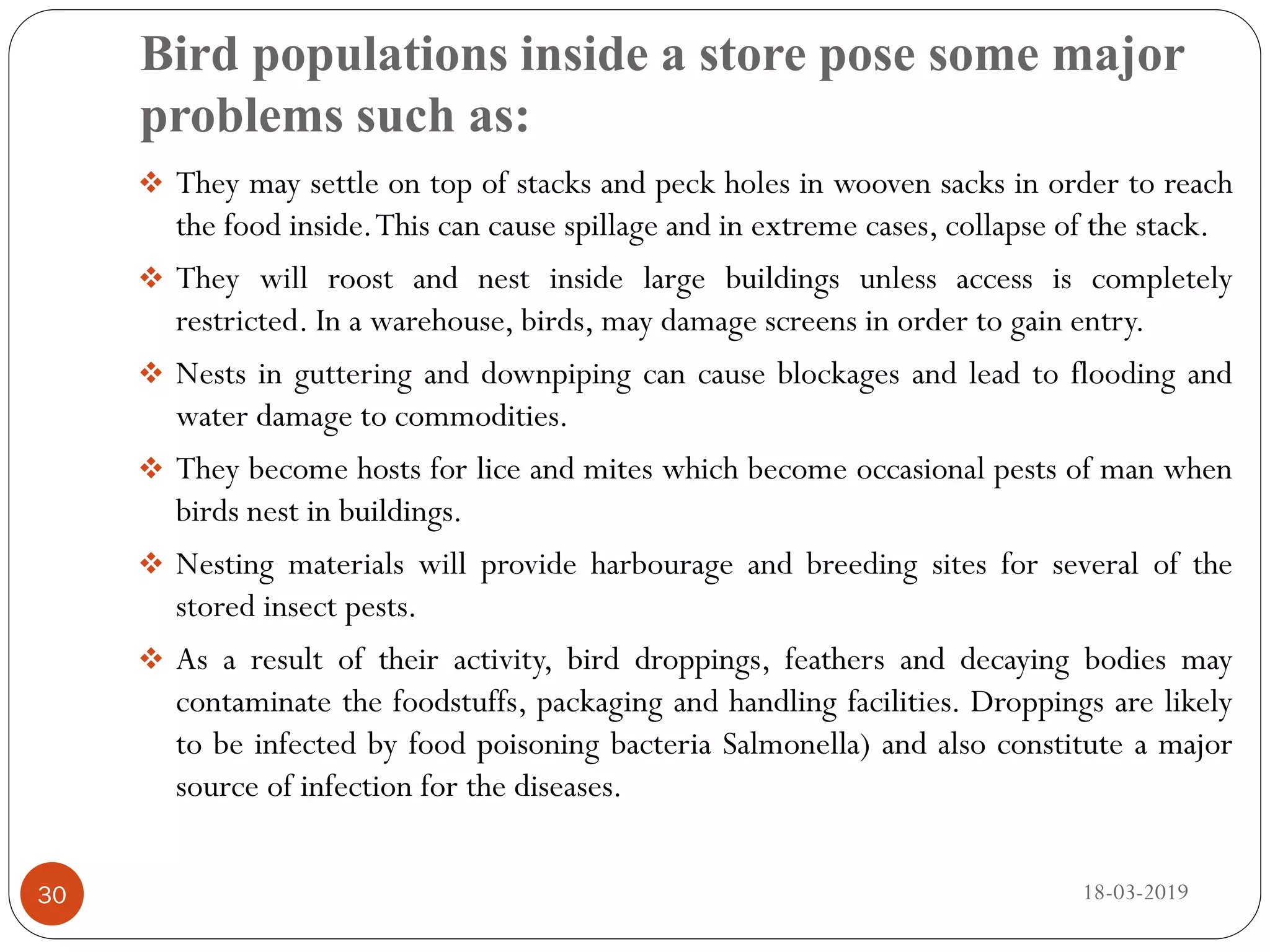 Bird populations inside a store pose some major
problems such as:
18-03-201930
 They may settle on top of stacks and peck holes in wooven sacks in order to reach
the food inside.This can cause spillage and in extreme cases, collapse of the stack.
 They will roost and nest inside large buildings unless access is completely
restricted. In a warehouse, birds, may damage screens in order to gain entry.
 Nests in guttering and downpiping can cause blockages and lead to flooding and
water damage to commodities.
 They become hosts for lice and mites which become occasional pests of man when
birds nest in buildings.
 Nesting materials will provide harbourage and breeding sites for several of the
stored insect pests.
 As a result of their activity, bird droppings, feathers and decaying bodies may
contaminate the foodstuffs, packaging and handling facilities. Droppings are likely
to be infected by food poisoning bacteria Salmonella) and also constitute a major
source of infection for the diseases.
 