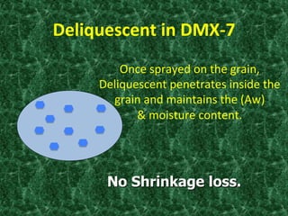 Deliquescent	
  in	
  DMX-­‐7	
  
No Shrinkage loss.
Once	
  sprayed	
  on	
  the	
  grain,	
  
Deliquescent	
  penetrates	
  inside	
  the	
  
grain	
  and	
  maintains	
  the	
  (Aw)	
  	
  
&	
  moisture	
  content.	
  
	
  	
  
 