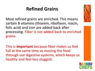 Refined Grains
Most refined grains are enriched. This means
certain B vitamins (thiamin, riboflavin, niacin,
folic acid) and iron are added back after
processing. Fiber is not added back to enriched
grains.
This is important because fiber makes us feel
full at the same time as moving the food
through our digestive systems, which keeps us
healthy and feel less sluggish.
c
 