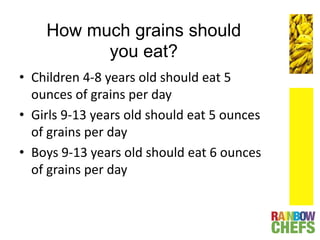 How much grains should
you eat?
• Children 4-8 years old should eat 5
ounces of grains per day
• Girls 9-13 years old should eat 5 ounces
of grains per day
• Boys 9-13 years old should eat 6 ounces
of grains per day
 