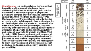 • Granulometry is a basic analytical technique that
has wide applications within the earth and
archaeological sciences. Particle or grain size is a
fundamental attribute or physical property of
particulate samples or sediments and sedimentary
rocks (Folk, 1980; Friedman and Sanders, 1978).
Much can be said from analyzing not only the size
of clastic or detrital (inorganic), bioclastic (organic),
or chemical particles but also from the overall size
distribution, size fraction percentages, textural
maturity of the sediment or sorting, surface texture
attributes of a particle, and sphericity/angularity
and shape of a particle (Krumbein and Sloss, 1963;
Syvitsky, 2007). Several sediment, soil, or material
properties are directly influenced by the size of its
particles, as well as their shape (form, roundness
and surface texture or the grains) and fabric (grain-
to-grain interrelation and grain orientation), such
as texture and appearance, density, porosity, and
permeability.
 