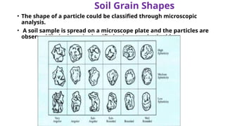 Soil Grain Shapes
• The shape of a particle could be classified through microscopic
analysis.
• A soil sample is spread on a microscope plate and the particles are
observed.Their shape is classified using standard tables.
 