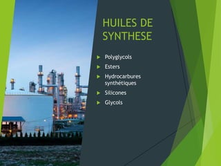 HUILES DE
SYNTHESE
 Polyglycols
 Esters
 Hydrocarbures
synthétiques
 Silicones
 Glycols
 