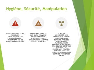 Hygiène, Sécurité, Manipulation
DANS DES CONDITIONS
NORMALES
D'UTILISATION, LES
LUBRIFIANTS NE
PRÉSENTENT PAS DE
RISQUES PARTICULIERS.
CEPENDANT, DANS LE
CAS D'UNE MAUVAISE
MANIPULATION OU
D'ACCIDENTS, DES
DANGERS POUR LA SANTÉ
PEUVENT SURVENIR.
TOXICITÉ
LA PLUPART DES
LUBRIFIANTS ONT UN
FAIBLE NIVEAU DE
TOXICITÉ, MAIS LES
EXPOSITIONS
AUXQUELLES LES
MANIPULATEURS PEUVENT
ÊTRE SOUMIS, SONT TRÈS
VARIÉES. LES
PRINCIPALES ZONES DE
CONTACT AVEC LES
HUILES ET LES GRAISSES
SONT LES YEUX ET LES
MAINS.
 