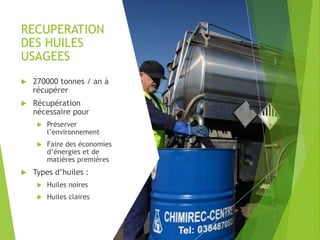 RECUPERATION
DES HUILES
USAGEES
 270000 tonnes / an à
récupérer
 Récupération
nécessaire pour
 Préserver
l’environnement
 Faire des économies
d’énergies et de
matières premières
 Types d’huiles :
 Huiles noires
 Huiles claires
 