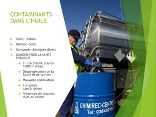 CONTAMINANTS
DANS L’HUILE
 Suies, résines
 Métaux lourds
 Composés chimiques divers
 DANGER POUR LA SANTE
PUBLIQUE
 1 litre d’huile couvre
1000m² d’eau
 Désoxygénation de la
faune et de la flore
 Mauvaise combustion
 Composés
cancérigènes
 Présences de dioxines
dues au chlore
 