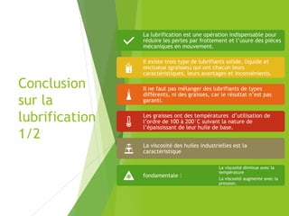 Conclusion
sur la
lubrification
1/2
La lubrification est une opération indispensable pour
réduire les pertes par frottement et l’usure des pièces
mécaniques en mouvement.
Il existe trois type de lubrifiants solide, liquide et
onctueux (graisses) qui ont chacun leurs
caractéristiques, leurs avantages et inconvénients.
Il ne faut pas mélanger des lubrifiants de types
différents, ni des graisses, car le résultat n’est pas
garanti.
Les graisses ont des températures d’utilisation de
l’ordre de 100 à 200°C suivant la nature de
l’épaississant de leur huile de base.
La viscosité des huiles industrielles est la
caractéristique
fondamentale :
La viscosité diminue avec la
température
La viscosité augmente avec la
pression.
 