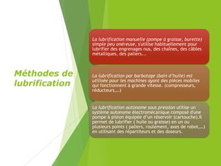 Méthodes de
lubrification
La lubrification manuelle (pompe à graisse, burette)
simple peu onéreuse, s'utilise habituellement pour
lubrifier des engrenages nus, des chaînes, des câbles
métalliques, des paliers...
La lubrification par barbotage (bain d’huile) est
utilisée pour les machines ayant des pièces mobiles
qui fonctionnent à grande vitesse. (compresseurs,
réducteurs,…)
La lubrification autonome sous pression utilise un
système autonome électromécanique composé d'une
pompe à piston équipée d’un réservoir (cartouche).Il
permet de lubrifier ( huile ou graisse) en un ou
plusieurs points ( paliers, roulement, axes de robot,…)
en utilisant des répartiteurs et des doseurs.
 
