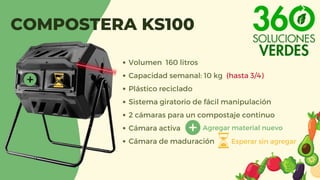 Volumen 160 litros
Capacidad semanal: 10 kg (hasta 3/4)
Plástico reciclado
Sistema giratorio de fácil manipulación
2 cámaras para un compostaje continuo
Cámara activa
Cámara de maduración
Agregar material nuevo
Esperar sin agregar
COMPOSTERA KS100
 