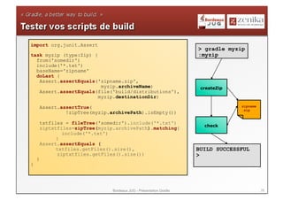 import org.junit.Assert
                                                                      > gradle myzip
task myzip (type:Zip) {                                               :myzip
  from('somedir')
  include('*.txt')
  baseName='zipname'
  doLast {
   Assert.assertEquals('zipname.zip',
                         myzip.archiveName)                            createZip
   Assert.assertEquals(file('build/distributions'),
                        myzip.destinationDir)

        Assert.assertTrue(                                                         zipname
                                                                                   .zip
                 !zipTree(myzip.archivePath).isEmpty())

        txtfiles = fileTree('somedir').include('*.txt')
                                                                        check
        ziptxtfiles=zipTree(myzip.archivePath).matching{
                include('*.txt')
              }
        Assert.assertEquals (
              txtfiles.getFiles().size(),                             BUILD SUCCESSFUL
              ziptxtfiles.getFiles().size())                          >
    }
}




                                 Bordeaux JUG - Présentation Gradle                          28
 