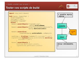 import org.junit.Assert
                                                                  > gradle myzip
task myzip (type:Zip) {                                           :myzip
  from('somedir')
  include('*.txt')
  baseName='zipname'
  doLast {
   Assert.assertEquals('zipname.zip',
                         myzip.archiveName)                        createZip
   Assert.assertEquals(file('build/distributions'),
                        myzip.destinationDir)

        Assert.assertTrue(                                                     zipname
                                                                               .zip
                 !zipTree(myzip.archivePath).isEmpty())

        txtfiles = fileTree('somedir').include('*.txt')
                                                                    check
        ziptxtfiles=zipTree(myzip.archivePath).matching{
                include('*.txt')
              }
        Assert.assertEquals (
              txtfiles.getFiles().size(),                         BUILD SUCCESSFUL
              ziptxtfiles.getFiles().size())                      >
    }
}




                                  LavaJUG - Présentation Gradle                          27
 