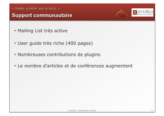 •  Mailing List très active

•  User guide très riche (400 pages)

•  Nombreuses contributions de plugins

•  Le nombre d'articles et de conférences augmentent




                              LavaJUG - Présentation Gradle   43
 