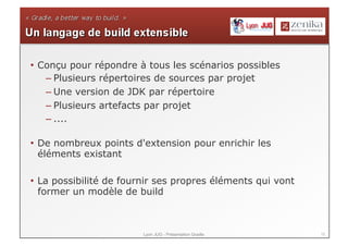 12Lyon JUG - Présentation Gradle
• Conçu pour répondre à tous les scénarios possibles
– Plusieurs répertoires de sources par projet
– Une version de JDK par répertoire
– Plusieurs artefacts par projet
– ....
• De nombreux points d'extension pour enrichir les
éléments existant
• La possibilité de fournir ses propres éléments qui vont
former un modèle de build
 