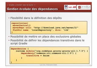 20Lyon JUG - Présentation Gradle
• Flexibilité dans la définition des dépôts
• Possibilité de mettre en place des exclusions globales
• Possibilité de définir les dépendances transitives dans le
script Gradle
repositories{
mavenCentral()
mavenRepo urls: "http://download.java.net/maven/2/"
flatDir name: 'localRepository', dirs: 'lib'
}
dependencies {
runtime module("org.codehaus.groovy:groovy-all:1.7.5") {
dependency("commons-cli:commons-cli:1.0") {
transitive = false
}
}
}
 
