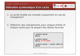 34Lyon JUG - Présentation Gradle
1.  Le script Gradle est compilé uniquement en cas de
changement
2.  Détéction des changements pour chaque entrée et
chaque sortie pour la plupart des tâches fournies
> gradle myzip
:myzip
> gradle myzip
:myzip UP-TO-DATE
> gradle myzip –-cache rebuild
:myzip
 