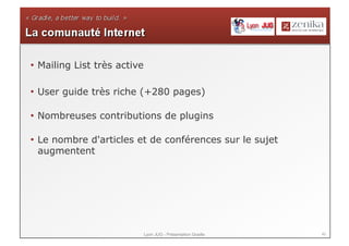 40Lyon JUG - Présentation Gradle
• Mailing List très active
• User guide très riche (+280 pages)
• Nombreuses contributions de plugins
• Le nombre d'articles et de conférences sur le sujet
augmentent
 