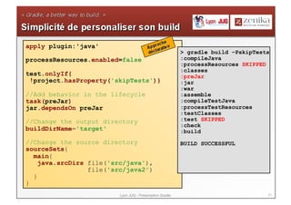 apply plugin:'java'
                                                          > gradle build –PskipTests
processResources.enabled=false                            :compileJava
                                                          :processResources SKIPPED
                                                          :classes
test.onlyIf{                                              :preJar
 !project.hasProperty('skipTests')}                       :jar
                                                          :war
//Add behavior in the lifecycle                           :assemble
task(preJar)                                              :compileTestJava
jar.dependsOn preJar                                      :processTestResources
                                                          :testClasses
//Change the output directory                             :test SKIPPED
                                                          :check
buildDirName='target'                                     :build
//Change the source directory                             BUILD SUCCESSFUL
sourceSets{
  main{
    java.srcDirs file('src/java'),
                 file('src/java2')
  }
}
                         Lyon JUG - Présentation Gradle                            21
 