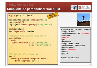 apply plugin:'java'

processResources.enabled=false
test.onlyIf{
 !project.hasProperty('skipTests')}

task(preJar)                                              > gradle build –PskipTests
jar.dependsOn preJar                                      :compileJava
                                                          :processResources SKIPPED
//Change the source directory                             :classes
sourceSets{                                               :preJar
  main{                                                   :jar
                                                          :assemble
    java.srcDirs file('src/java'),                        :compileTestJava
                 file('src/java2')                        :processTestResources
  }                                                       :testClasses
}                                                         :test SKIPPED
                                                          :check
//Création d'un uberjar                                   :build
jar {
  configurations.compile.each {                           BUILD SUCCESSFUL
      from zipTree (it) }
}
                         ToursJUG - Présentation Gradle                           23
 