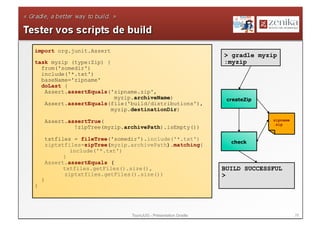 import org.junit.Assert
                                                                   > gradle myzip
task myzip (type:Zip) {                                            :myzip
  from('somedir')
  include('*.txt')
  baseName='zipname'
  doLast {
   Assert.assertEquals('zipname.zip',
                         myzip.archiveName)                         createZip
   Assert.assertEquals(file('build/distributions'),
                        myzip.destinationDir)

        Assert.assertTrue(                                                      zipname
                                                                                .zip
                 !zipTree(myzip.archivePath).isEmpty())

        txtfiles = fileTree('somedir').include('*.txt')
                                                                     check
        ziptxtfiles=zipTree(myzip.archivePath).matching{
                include('*.txt')
              }
        Assert.assertEquals (
              txtfiles.getFiles().size(),                          BUILD SUCCESSFUL
              ziptxtfiles.getFiles().size())                       >
    }
}




                                  ToursJUG - Présentation Gradle                          28
 