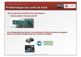 On ne peut pas anticiper tous les besoins
   Aucun projet n'est pas pareil!




Il est important de fournir au minimum le même niveau de support
pour les anciens projets que les nouveaux projets




                           Toulouse JUG - Présentation Gradle      11
 