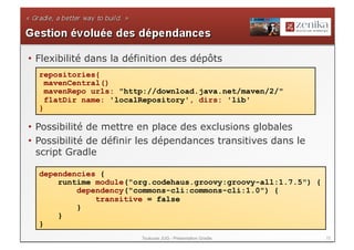 •  Flexibilité dans la définition des dépôts
  repositories{
    mavenCentral()
    mavenRepo urls: "http://download.java.net/maven/2/"
    flatDir name: 'localRepository', dirs: 'lib'
  }

•  Possibilité de mettre en place des exclusions globales
•  Possibilité de définir les dépendances transitives dans le
   script Gradle

  dependencies {
      runtime module("org.codehaus.groovy:groovy-all:1.7.5") {
          dependency("commons-cli:commons-cli:1.0") {
              transitive = false
          }
      }
  }
                         Toulouse JUG - Présentation Gradle      22
 