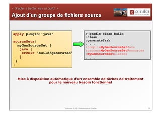 apply plugin:'java'                              > gradle clean build
                                                 :clean
sourceSets{                                      :generateTask
                                                 . . .
    myGenSourceSet {                             :compileMyGenSourceSetJava
     java {                                      :processMyGenSourceSetResources
       srcDir 'build/generated'                  :myGenSourceSetClasses
     }                                           . . .
  }
}



  Mise à disposition automatique d'un ensemble de tâches de traitement
                    pour le nouveau besoin fonctionnel




                           Toulouse JUG - Présentation Gradle                      24
 