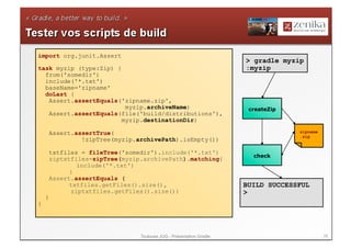 import org.junit.Assert
                                                                      > gradle myzip
task myzip (type:Zip) {                                               :myzip
  from('somedir')
  include('*.txt')
  baseName='zipname'
  doLast {
   Assert.assertEquals('zipname.zip',
                         myzip.archiveName)                            createZip
   Assert.assertEquals(file('build/distributions'),
                        myzip.destinationDir)

        Assert.assertTrue(                                                         zipname
                                                                                   .zip
                 !zipTree(myzip.archivePath).isEmpty())

        txtfiles = fileTree('somedir').include('*.txt')
                                                                        check
        ziptxtfiles=zipTree(myzip.archivePath).matching{
                include('*.txt')
              }
        Assert.assertEquals (
              txtfiles.getFiles().size(),                             BUILD SUCCESSFUL
              ziptxtfiles.getFiles().size())                          >
    }
}




                                 Toulouse JUG - Présentation Gradle                          28
 