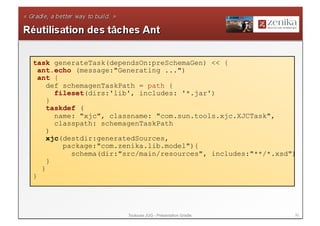 task generateTask(dependsOn:preSchemaGen) << {
  ant.echo (message:"Generating ...")
  ant {
     def schemagenTaskPath = path {
       fileset(dirs:'lib', includes: '*.jar')
     }
     taskdef (
       name: "xjc", classname: "com.sun.tools.xjc.XJCTask",
       classpath: schemagenTaskPath
     )
     xjc(destdir:generatedSources,
         package:"com.zenika.lib.model"){
           schema(dir:"src/main/resources", includes:"**/*.xsd")
     }
   }
}




                       Toulouse JUG - Présentation Gradle      30
 