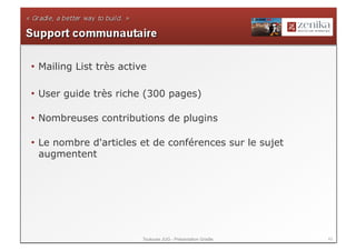 •  Mailing List très active

•  User guide très riche (300 pages)

•  Nombreuses contributions de plugins

•  Le nombre d'articles et de conférences sur le sujet
   augmentent




                          Toulouse JUG - Présentation Gradle   43
 
