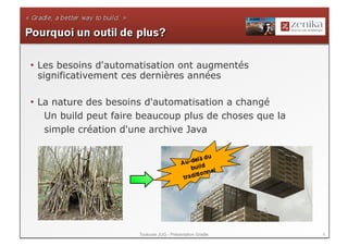 •  Les besoins d'automatisation ont augmentés
   significativement ces dernières années

•  La nature des besoins d'automatisation a changé
    Un build peut faire beaucoup plus de choses que la
    simple création d'une archive Java




                       Toulouse JUG - Présentation Gradle   5
 