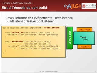 « Gradle, a better way to build. »

Etre à l'écoute de son build

    Soyez informé des événements: TestListener,
    BuildListener, TaskActionListener, …

class MyTestListener implements TestListener{
                                                                              beforeTest




                                                                    GRADL E
    void beforeTest(TestDescriptor test) {




                                                                    GRADL E
      println 'testStarting: '+test.getName()
    }                                                                          Test
                                                                                 (junit)
    void afterTest(TestDescriptor test,
                   TestResult result) {
      println 'testFinished: '+test.getName()                                 afterTest
           +', result: '+result.getResultType()
    }
}




                                     YA JUG - Présentation Gradle                          27
 