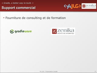 « Gradle, a better way to build. »

Support commercial

 • Fourniture de consulting et de formation




                                     YA JUG - Présentation Gradle   44
 