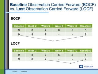 Baseline Observation Carried Forward (BOCF)
vs. Last Observation Carried Forward (LOCF)

BOCF

   Baseline                        Week 2   Week 6   Week 8   Week 10   Recorded
              9                      8        7        6        5          5
              9                      8        7        -         -         9


LOCF

   Baseline                        Week 2   Week 6   Week 8   Week 10   Recorded
              9                      8        7        6        5          5
              9                      8        7        -         -         7



 Covidien |       | Confidential
 