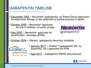 GABAPENTIN TIMELINE

 December 1993 – Neurontin® (gabapentin, by Parke-Davis) approved
  for adjunctive therapy in the treatment of partial seizures in adults

 October 2000 – Neurontin® approved
      for use in children >3 years of age

 May 2002 – Neurontin® approved for
  postherpetic neuralgia (PHN)

 October 2004 – Generic gabapentin becomes available

                                        January 2011 – GraliseTM (gabapentin ER, by
                                         Depomed, Inc.) approved for PHN

                                        April 2011 – Gabapentin REMS discontinued



 Neurontin Timeline. http://www.hkllp.com/neurontin/neurontin-timeline/
 
