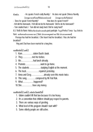ประโยคและศัพททั่วไป 14
ตัวอยาง - He speaks French really fluently./ He does not speak Chinese fluently.
(เขาพูดภาษาฝรั่งเศสไดคลองแคลวมาก) (เขาพูดภาษาจีนไมคลอง)
- Does he speak French fluently? How does he speak French?
- Krit did his homework. / Krit did not do his homework/ Did he do his homework?
- Tom studied hard. / Tom did not study hard./ Did he study hard?
8.3. Verb to have: ใชเปนกริยาชวยประกอบกับ past participle ในรูป Perfect Tense โดย Verb to
have จะผันตามประธานและเวลา ( have ประธานพหูพจน และ has ประธานเอกพจน)
Peeraya has had her breakfast. / She hasn’t had her breakfast. / Has she had her
breakfast?
Ying and Chai have been married for a long time.
แบบฝกหัดที่2/ บทที่ 2
1. Kom………………stolen Dusit’s book.
2. They…………….met her before.
3. We………………..had lunch already.
4. Pramote…………………….want to go home.
5. The students ………………studying English at the moment.
6. The truck…………………repaired yesterday.
7. Anna and Greg…………………already seen this movie twice.
8. This song……………composed by Mr.Yod Rak.
9. What………………happened?
10.She………………have any money.
แบบฝกหัดที่3/ บทที่ 2: แปลประโยคตอไปนี้
1. Udom couldn’t lift that box because it is too heavy.
2. It’s a convention that children should pay respect to parents.
3. There are various ways of greeting.
4. What level of this program should I start with?
5. Some elderly people are still active.
 