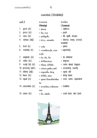 ประโยคและศัพททั่วไป 15
ภาคคําศัพท : ( Vocabulary)
บทที่ 2 ความหมาย
(Meaning)
คําเหมือน
( Synonym)
1. greet (vt.) = ทักทาย = address
2. press (vt.) = บีบ, แนบ = push
3. raise (vt.) = ยกใหสูงขึ้น = lift, uplift, elevate
4. various (adj.) = ตาง ๆ , หลายชนิด = diverse, many, several,
manifold
5. level (n.) = ระดับ = plane
6. seniority (n.) = ความเปนอาวุโส, ระบบ
อาวุโส
= superiority
7. originate (vi.) = กอ, เกิด, เริ่ม = be initiated
8. refine (vt.) = ทําใหสละสลวย = improve
9. result (in) (vi.) = เปนผล, กอใหเกิด = come about, happen
10. precisely (adv.) = แนนอน, ถูกตอง, พอดี = accurately, exactly
11. elderly (adj.) = อายุมากขึ้น, มีอายุ = aged, old
12. lower (vt.) = ทําใหต่ํา, ลดลง = bring down
13. equal (n.) = บุคคล / สิ่งของที่เทาเทียม
กัน
= even, same, equivalent
14. convention (n.) = ธรรมเนียม, ระเบียบแบบ
แผน
= tradition
15. return (vt.) = คืน, กลับคืน = send back, take back
 