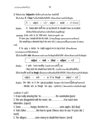 ประโยคและศัพททั่วไป 19
3. ใชกับประโยค Subjunctive ซึ่งมีโครงสรางประโยค ดังตอไปนี้
3.1 ประโยค If – Clause ในเงื่อนไขที่เปนไปไมได หรือตรงขามความจริงในปจจุบัน
ตัวอยาง - If Sakda didn’t drive the car by himself, he shouldn’t have an accident.
(ถาศักดาไมขับรถดวยตัวเอง เขาก็คงไมประสบอุบัติเหตุ)
หมายเหตุ ถาเปน verb to be ใหใช were กับประธานทุกตัว เชน
If I were you, I would tell him the truth. ( ถาผมเปนคุณ ผมจะบอกความจริงเขา)
She would buy a diamond ring if she were rich. ( หลอนคงจะซื้อแหวนเพชร ถาหลอน
รวย)
If he were a doctor, he might suggest me to stay in bed. (ถาเขาเปนหมอ
เขาอาจจจะแนะนําใหฉันพักผอน)
3.2 ประโยคที่ใช wish เพื่อแสดงความปรารถนาในปจจุบันที่เปนไปได หรือตรงขามความจริงในปจจุบัน
ตัวอยาง - I wish I were wealthy. ( ผมปรารถนาทที่จะรวย)
- Mary wish she should have better life. ( แมรี่ปรารถนาที่จะมีชีวิตที่ดีขึ้น)
3.3ประโยคที่ใช as if/as though เพื่อแสดงการเปรียบเทียบที่เปนไปไมได หรือตรงขามความจริงในปจจุบัน
ตัวอยาง- She talks as if she saw an accident. (เธอพูดราวกับวาเธอเห็นอุบัติเหตุดวยตนเอง)
- Jidratda acts as though she were a princess. ( จิตรดาทําตัวราวกับเปนเจาหญิง)
แบบฝกหัด 1/ บทที่ 3
1. It was really amazing that he……………………the examination.(pass)
2. She was disappointed with the movie; she………………..it be much more
informative. (expect)
3. Same ……………hungry, therefore he……………….some apples. (be) (buy)
4. Yod’s father……………..him how to speak Chinese since he was 14 years old. (
teach)
5. The villagers…………..some money to rebuild their houses. (need)
If + subject + v.2 / , subject + would + v.1 (ไมผัน)
subject. + wish + (that) + subject. + v.2
subject. + verb. + as if / as though + subject + v.2 /
 