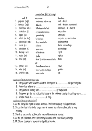 ประโยคและศัพททั่วไป 21
ภาคคําศัพท :(Vocabulary)
บทที่ 3 ความหมาย คําเหมือน
1 popular (adj.). แพรหลาย, กวางขวาง well – liked
2 famous (adj.). มีชื่อเสียง well – known, renowned
3. notorious (adj.) มีชื่อเสียงในดานไมดี infamous , ill – famed
4. exhibition (n.) การแสดงนิทรรศการ exposition
5. figure (n.) บุคคลสําคัญ character
6. inherit (vt. / vi) ไดรับมรดก acquire by succession
7. successful (adj.) ประสบผลสําเร็จ accomplished
8. mask (n.) หนากาก facial camouflage
9. collection (n.) ของสะสม assemblage
10. damage (vt.) ทําใหเสียหาย spoil
11. model (n.) หุนปน replica
12. mold (n.) พิมพ (สําหรับทําขนมหรือปน
รูป)
form
13. rescue (vt.) ชวยเหลือจากอันตราย save
14. artist (n.) จิตรกร, ผูทํางานศิลปะ painter
15. severed (adj.) ขาดกระเด็น cut
แบบฝกหัดที่3 เติมคําศัพทใหเหมาะสม
1. The people who saw the accident attempted to………………the passengers.
2. Janny has a large art………………………………………………….………..
3. The garment factory was………………………..by explosion.
4. The poor girl did not notice the faces of the robbers clearly since they wore………
5. Visanu made a……………………of clay.
แบบฝกหัดที่4 แปลประโยคตอไปนี้
1. At the party last night he wore a mask , therefore nobody recognized him.
2. Since she has inherited a large sum of money from her mother, she is very
healthy.
3. She is a successful auther, she has written several novels.
4. At the art exhibition, there are many beautiful and expensive paintings.
5. Mr.Chaun Leakpai is a prominent political leader.
 