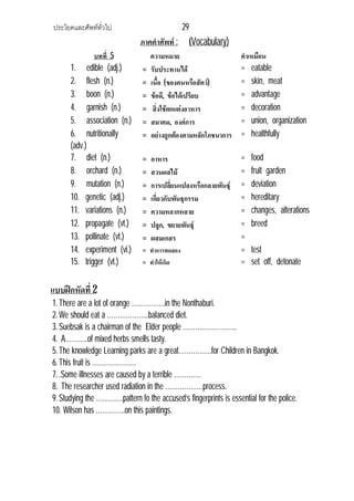 ประโยคและศัพททั่วไป 29
ภาคคําศัพท : (Vocabulary)
บทที่ 5 ความหมาย คําเหมือน
1. edible (adj.) = รับประทานได = eatable
2. flesh (n.) = เนื้อ (ของคนหรือสัตว) = skin, meat
3. boon (n.) = ขอดี, ขอไดเปรียบ = advantage
4. garnish (n.) = สิ่งใชตกแตงอาหาร = decoration
5. association (n.) = สมาคม, องคการ = union, organization
6. nutritionally
(adv.)
= อยางถูกตองตามหลักโภชนาการ = healthfully
7. diet (n.) = อาหาร = food
8. orchard (n.) = สวนผลไม = fruit garden
9. mutation (n.) = การเปลี่ยนแปลงหรือกลายพันธุ = deviation
10. genetic (adj.) = เกี่ยวกับพันธุกรรม = hereditary
11. variations (n.) = ความหลากหลาย = changes, alterations
12. propagate (vt.) = ปลูก, ขยายพันธุ = breed
13. pollinate (vt.) = ผสมเกสร =
14. experiment (vi.) = ทําการทดลอง = test
15. trigger (vt.) = ทําใหเกิด = set off, detonate
แบบฝกหัดที่ 2
1.There are a lot of orange …………….in the Nonthaburi.
2.We should eat a ………………..balanced diet.
3.Suebsak is a chairman of the Elder people ……………………..
4. A………..of mixed herbs smells tasty.
5.The knowledge Learning parks are a great…………….for Children in Bangkok.
6.This fruit is …………………
7..Some illnesses are caused by a terrible ………….
8. The researcher used radiation in the ………………process.
9.Studying the ………….pattern fo the accused’s fingerprints is essential for the police.
10. Wilson has …………..on this paintings.
 