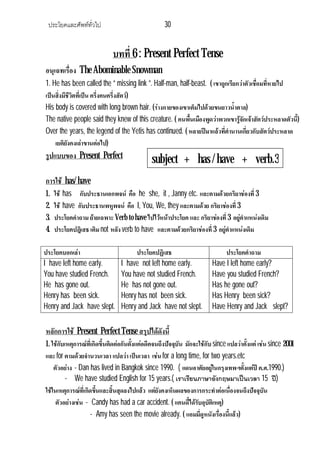 ประโยคและศัพททั่วไป 30
บทที่ 6 : Present Perfect Tense
อนุเฉทเรื่อง The Abominable Snowman
1. He has been called the “ missing link ”. Half-man, half-beast. ( เขาถูกเรียกวาตัวเชื่อมที่หายไป
เปนสิ่งมีชีวิตที่เปน ครึ่งคนครึ่งสัตว)
His body is covered with long brown hair. (รางกายของเขาเต็มไปดวยขนยาวน้ําตาล)
The native people said they knew of this creature. ( คนพื้นเมืองพูดวาพวกเขารูจักเจาสัตวประหลาดตัวนี้)
Over the years, the legend of the Yetis has continued. ( หลายปมาแลวที่ตํานานเกี่ยวกับสัตวประหลาด
เยติยังคงเลาขานตอไป)
รูปแบบของ Present Perfect
การใช has/ have
1. ใช has กับประธานเอกพจน คือ he she, it , Janny etc. และตามดวยกริยาชองที่3
2. ใช have กับประธานพหูพจน คือ I, You, We, they และตามดวย กริยาชองที่3
3. ประโยคคําถาม ยายเฉพาะVerb to have ไปไวหนาประโยค และ กริยาชองที่3 อยูตําแหนงเดิม
4. ประโยคปฎิเสธ เติมnot หลัง verb to have และตามดวยกริยาชองที่3 อยูตําแหนงเดิม
ประโยคบอกเลา ประโยคปฏิเสธ ประโยคคําถาม
I have left home early.
You have studied French.
He has gone out.
Henry has been sick.
Henry and Jack have slept.
I have not left home early.
You have not studied French.
He has not gone out.
Henry has not been sick.
Henry and Jack have not slept.
Have I left home early?
Have you studied French?
Has he gone out?
Has Henry been sick?
Have Henry and Jack slept?
หลักการใช Present Perfect Tense สรุปไดดังนี้
1. ใชกับเหตุการณที่เกิดขึ้นติดตอกันตั้งแตอดีตจนถึงปจจุบัน มักจะใชกับ since แปลวาตั้งแต เชน since 2001
และ for ตามดวยจํานวนเวลา แปลวาเปนเวลา เชน for a long time, for two years.etc
ตัวอยาง - Dan has lived in Bangkok since 1990. ( แดนอาศัยอยูในกรุงเทพฯตั้งแตป ค.ศ.1990.)
- We have studied English for 15 years.( เราเรียนภาษาอังกฤษมาเปนเวลา 15 ป)
ใชในเหตุการณที่เกิดขึ้นและสิ้นสุดลงไปแลว แตยังคงเห็นผลของการกระทําตอเนื่องจนถึงปจจุบัน
ตัวอยางเชน - Candy has had a car accident. ( แคนดี้ไดรับอุบัติเหตุ)
- Amy has seen the movie already. ( แอมมี่ดูหนังเรื่องนี้แลว)
subject + has / have + verb.3
 
